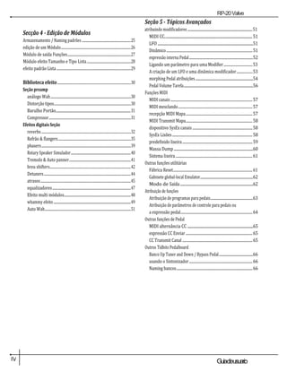RP-20Valve
IV Guiadeusuario
Secção 4 - Edição de Módulos
Armazenamento / Naming padrões ..............................................................25
edição de um Módulo...................................................................................26
Módulo de saída Funções...........................................................................27
Módulo efeito Tamanho e Tipo Lista....................................................28
efeito padrão Lista........................................................................................29
Biblioteca efeito.......................................................................................30
Seção preamp
análogo Wah...............................................................................................30
Distorção tipos...........................................................................................30
Barulho Portão...................................................................................31
Compressor.................................................................................................31
Efeitos digitais Seção
reverbs..........................................................................................................32
Refrão & flangers......................................................................................35
phasers..........................................................................................................39
Rotary Speaker Simulador............................................................................40
Tremolo & Auto panner.........................................................................41
breu shifters................................................................................................42
Detuners.......................................................................................................44
atrasos...........................................................................................................45
equalizadores.............................................................................................47
Efeito multi módulos...............................................................................48
whammy efeito..................................................................................................49
Auto Wah......................................................................................................51
Seção 5 - Tópicos Avançados
atribuindo modificadores ..................................................................................51
MIDI CC................................................................................................. 51
LFO ..........................................................................................................51
Dinâmico......................................................................................................51
expressão interna Pedal.................................................................................52
Ligando um parâmetro para uma Modifier..................................53
A criação de um LFO e uma dinâmica modificador...................53
morphing Pedal atribuições.........................................................................54
Pedal Volume Tarefa........................................................................................56
Funções MIDI
MIDI canais.................................................................................................57
MIDI mesclando........................................................................................57
recepção MIDI Mapa...............................................................................57
MIDI Transmit Mapa...............................................................................58
dispositivo SysEx canais .......................................................................58
SysEx Lixões...............................................................................................58
predefinido lixeira...................................................................................59
Massa Dump........................................................................................60
Sistema lixeira...........................................................................................61
Outras funções utilitárias
Fábrica Reset..............................................................................................61
Gabinete global-local Emulator...................................................................62
Modo de Saída.................................................................................62
Atribuição de funções
Atribuição de programas para pedais......................................................63
Atribuição de parâmetros de controle para pedais ou
a expressão pedal.....................................................................................64
Outras funções de Pedal
MIDI alternância CC .........................................................................65
expressão CC Enviar ...............................................................................65
CC Transmit Canal ...................................................................................65
Outros Tidbits Pedalboard
Banco Up Tuner and Down / Bypass Pedal...........................................66
usando o Sintonizador...........................................................................66
Naming bancos..........................................................................................66
 