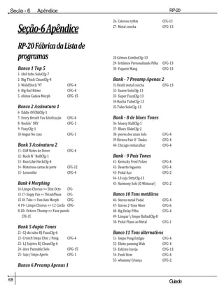 68 Guiade
usuario
Seção - 6 Apêndice RP-20
Válvula
Seção-6Apêndice
RP-20FábricadaListade
programas
Banco 1 Top 5
1- Idol tubo SoloCfg-7
2- Big Thick CleanCfg-4
3- WahdStock '97 CFG-4
4- Big Bad Ritmo CFG-4
5- efeitos Cadeia Morph CFG-15
Banco 2 Assinatura 1
6- Eddie Of OldCfg-1
7- Every Breath You falsificação CFG-4
8- Rockin ' SRV CFG-1
9- FoxyCfg-1
10-Angus No casa CFG-1
Bank 3 Assinatura 2
11- Cliff Notes de Dover CFG-4
12- Rock N ' RollCfg-1
13- Run Like HeckCfg-4
14- Misterioso cartas de porte CFG-12
15- Lemonlite CFG-4
Bank 4 Morphing
16-Limpo Chorus >> Dist Octv CFG-
15 17- Slappy Pan >> ThrashPhase CFG-
15 18- Tubo >> Fuzz Auto Morph CFG-
4 19- Limpo Chorus >> 12 Corda CFG-
8 20- Octave Thump >> Fase panela
CFG-15
Bank 5 dupla Tones
21- G) do tubo R) FuzzCfg-6
22- Crunch limpa Chor / Pong CFG-4
23- L) Sujeira R) CleanCfg-6
24- doce Pannable Solo CFG-15
25- Sujo / limpo Aperto CFG-1
Banco 6 Preamp Apenas 1
26- Caloroso rythm CFG-13
27- Metal concha CFG-13
28-Gêmeo ComboCfg-13
29- britânico Personalizado Pilha CFG-13
30- Foguete Mang CFG-13
Bank - 7 Preamp Apenas 2
31-Death metal concha CFG-13
32- Suave SoloCfg-13
33- Super FuzzCfg-13
34-Rocha TubeCfg-13
35-Tubo SoloCfg-13
Bank - 8 de blues Tones
36- bluesy HallCfg-1
37- Blues SlideCfg-2
38- piores dos azuis Solo CFG-4
39-Riviera Pair O ' Dados CFG-4
40- Chicago embaralhar CFG-4
Bank - 9 País Tones
41- Kentucky Fried Picken CFG-4
42- Deserto fogueira CFG-4
43- Pedal Aço CFG-2
44- Lil suja DittyCfg-13
45- Harmony Solo (D Misturar) CFG-2
Banco 10 Tons metálicos
46- Stereo metal Pedal CFG-4
47- Stereo 2-Tone Moer CFG-6
48- Big Delay Pilha CFG-4
49- Limpar  limpo BalladCfg-8
50- Pedal Phase ao Metal CFG-1
Banco 11 Tons alternativos
51- limpo Pong Estágio CFG-4
52- Efeito panning Wah CFG-4
53- Estéreo Inveja CFG-13
54- Funk Strat CFG-4
55- whammy Criança CFG-2
 