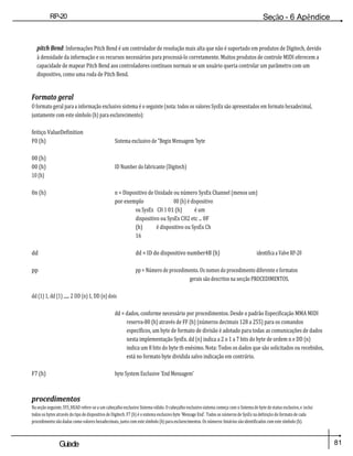 81
Guiade
usuario
RP-20
Válvula
Seção - 6 Apêndice
pitch Bend: Informações Pitch Bend é um controlador de resolução mais alta que não é suportado em produtos de Digitech, devido
à densidade da informação e os recursos necessários para processá-lo corretamente. Muitos produtos de controle MIDI oferecem a
capacidade de mapear Pitch Bend aos controladores contínuos normais se um usuário queria controlar um parâmetro com um
dispositivo, como uma roda de Pitch Bend.
Formato geral
O formato geral para a informação exclusivo sistema é o seguinte (nota: todos os valores SysEx são apresentados em formato hexadecimal,
juntamente com este símbolo (h) para esclarecimento):
feitiço ValueDefinition
F0 (h) Sistema exclusivo de "Begin Mensagem 'byte
00 (h)
00 (h) ID Number do fabricante (Digitech)
10 (h)
0n (h) n = Dispositivo de Unidade ou número SysEx Channel (menos um)
por exemplo 00 (h) é dispositivo
ou SysEx CH 1 01 (h) é um
dispositivo ou SysEx CH2 etc ... 0F
(h) é dispositivo ou SysEx Ch
16
dd dd = ID do dispositivo number4B (h) identifica a Valve RP-20
pp pp = Número de procedimento. Os nomes do procedimento diferente e formatos
gerais são descritos na secção PROCEDIMENTOS.
dd (1) 1, dd (1) ...... 2 DD (n) 1, DD (n) dois
dd = dados, conforme necessário por procedimentos. Desde o padrão Especificação MMA MIDI
reserva-80 (h) através de FF (h) (números decimais 128 a 255) para os comandos
específicos, um byte de formato de divisão é adotado para todas as comunicações de dados
nesta implementação SysEx. dd (n) indica a 2 o 1 a 7 bits do byte de ordem n e DD (n)
indica um 8 bits do byte th enésimo. Nota: Todos os dados que são solicitados ou recebidos,
está no formato byte dividida salvo indicação em contrário.
F7 (h) byte System Exclusive 'End Mensagem'
procedimentos
Na seção seguinte, SYS_HEAD refere-se a um cabeçalho exclusivo Sistema válido. O cabeçalho exclusivo sistema começa com o Sistema de byte de status exclusivo, e inclui
todos os bytes através do tipo de dispositivo de Digitech. F7 (h) é o sistema exclusivo byte 'Message End'. Todos os números de SysEx na definição do formato de cada
procedimento são dadas como valores hexadecimais, junto com este símbolo (h) para esclarecimentos. Os números binários são identificados com este símbolo (b).
 