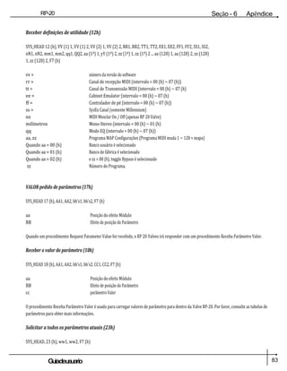 83
Guiadeusuario
RP-20
Válvula
Seção - 6 Apêndice
Receber definições de utilidade (12h)
SYS_HEAD 12 (h), VV (1) 1, VV (1) 2, VV (2) 1, VV (2) 2, RR1, RR2, TT1, TT2, EE1, EE2, FF1, FF2, SS1, SS2,
nN1, nN2, mm1, mm2, qq1, QQ2, aa (1º) 1, yY (1º) 2, zz (1ª) 1, zz (1º) 2 ... aa (128) 1, aa (128) 2, zz (128)
1, zz (128) 2, F7 (h)
vv = número da versão do software
rr = Canal de recepção MIDI (intervalo = 00 (h) ~ 07 (h))
tt = Canal de Transmissão MIDI (intervalo = 00 (h) ~ 07 (h)
ee = Cabinet Emulator (intervalo = 00 (h) ~ 07 (h)
ff = Controlador de pé (intervalo = 00 (h) ~ 07 (h))
ss = SysEx Canal (somente Millennium)
nn MIDI Mesclar On / Off (apenas RP 20 Valve)
milímetros Mono-Stereo (intervalo = 00 (h) ~ 01 (h)
qq Modo EQ (intervalo = 00 (h) ~ 07 (h))
aa, zz Programa MAP Configurações (Programa MIDI muda 1 ~ 128 = mapa)
Quando aa = 00 (h) Banco usuário é selecionado
Quando aa = 01 (h) Banco de fábrica é selecionado
Quando aa = 02 (h) e zz = 00 (h), toggle Bypass é selecionado
zz Número do Programa.
VALOR pedido de parâmetros (17h)
SYS_HEAD 17 (h), AA1, AA2, bb's1, bb's2, F7 (h)
aa Posição do efeito Módulo
BB Efeito de posição do Parâmetro
Quando um procedimento Request Parameter Value for recebido, o RP 20 Valves irá responder com um procedimento Receba Parâmetro Valor.
Receber o valor do parâmetro (18h)
SYS_HEAD 18 (h), AA1, AA2, bb's1, bb's2, CC1, CC2, F7 (h)
aa Posição do efeito Módulo
BB Efeito de posição do Parâmetro
cc parâmetro Valor
O procedimento Receba Parâmetro Valor é usado para carregar valores de parâmetro para dentro da Valve RP-20. Por favor, consulte as tabelas de
parâmetros para obter mais informações.
Solicitar a todos os parâmetros atuais (23h)
SYS_HEAD, 23 (h), ww1, ww2, F7 (h)
 
