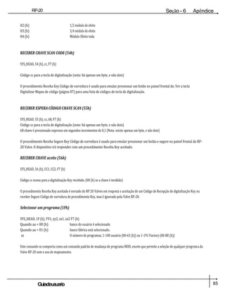 85
Guiadeusuario
RP-20
Válvula
Seção - 6 Apêndice
02 (h) 1/2 módulo de efeito
03 (h) 3/4 módulo de efeito
04 (h) Módulo Efeito toda
RECEBER CHAVE SCAN CODE (54h)
SYS_HEAD, 54 (h), cc, F7 (h)
Código cc para a tecla de digitalização (nota: há apenas um byte, e não dois)
O procedimento Receba Key Código de varredura é usado para emular pressionar um botão no painel frontal do. Ver a tecla
Digitalizar Mapas de código (página 87) para uma lista de códigos de tecla de digitalização.
RECEBER ESPERA CÓDIGO CHAVE SCAN (55h)
SYS_HEAD, 55 (h), cc, 68, F7 (h)
Código cc para a tecla de digitalização (nota: há apenas um byte, e não dois)
68-chave é pressionado expresso em segundos incrementos de 0,1 (Nota: existe apenas um byte, e não dois)
O procedimento Receba Segure Key Código de varredura é usado para emular pressionar um botão e segure no painel frontal do RP-
20 Valve. O dispositivo irá responder com um procedimento Receba Key aceitado.
RECEBER CHAVE aceite (56h)
SYS_HEAD, 56 (h), CC1, CC2, F7 (h)
Código cc ecoou para a digitalização Key recebido. (00 (h) se a chave é inválido)
O procedimento Receba Key aceitado é enviado do RP 20 Valves em resposta e aceitação de um Código de Recepção de digitalização Key ou
receber Segure Código de varredura de procedimento Key, mas é ignorado pela Valve RP-20.
Selecionar um programa (1Fh)
SYS_HEAD, 1F (h), YY1, yy2, zz1, zz2 F7 (h)
Quando aa = 00 (h) banco do usuário é selecionado
Quando aa = 01 (h) banco fábrica está selecionado.
zz O número de programas, 1-100 usuário (00-63 (h)) ou 1-191 Factory (00-BE (h))
Este comando se comporta como um comando padrão de mudança de programa MIDI, exceto que permite a seleção de qualquer programa da
Valve RP-20 sem o uso de mapeamento.
 