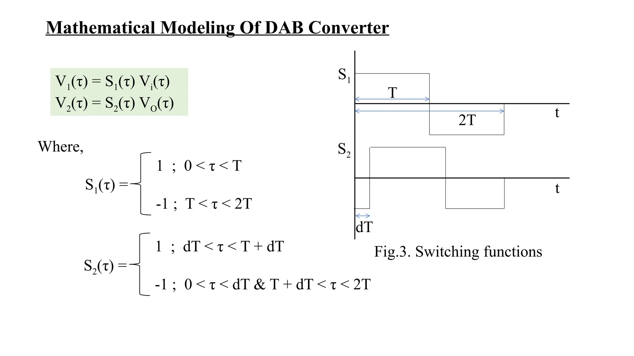 Mathematical Modeling Of DAB Converter
V1(τ) = S1(τ) Vi(τ)
V2(τ) = S2(τ) VO(τ)
Where,
S1(τ) =
1 ; dT < τ < T + dT
-1 ; 0 < τ < dT & T + dT < τ < 2T
1 ; 0 < τ < T
-1 ; T < τ < 2T
S2(τ) =
S1
S2
t
t
T
2T
dT
Fig.3. Switching functions
 