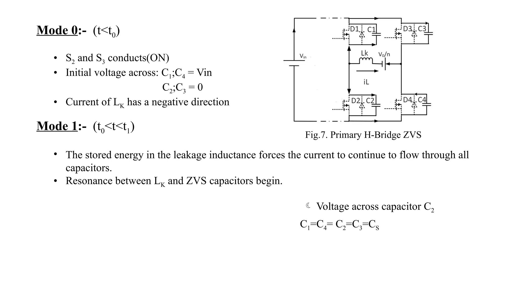 Mode 0:- (t<t0)
• S2 and S3 conducts(ON)
• Initial voltage across: C1;C4 = Vin
C2;C3 = 0
• Current of LK has a negative direction
Mode 1:- (t0<t<t1)
• The stored energy in the leakage inductance forces the current to continue to flow through all
capacitors.
• Resonance between LK and ZVS capacitors begin.
C1=C4= C2=C3=CS
 Voltage across capacitor C2
Fig.7. Primary H-Bridge ZVS
 