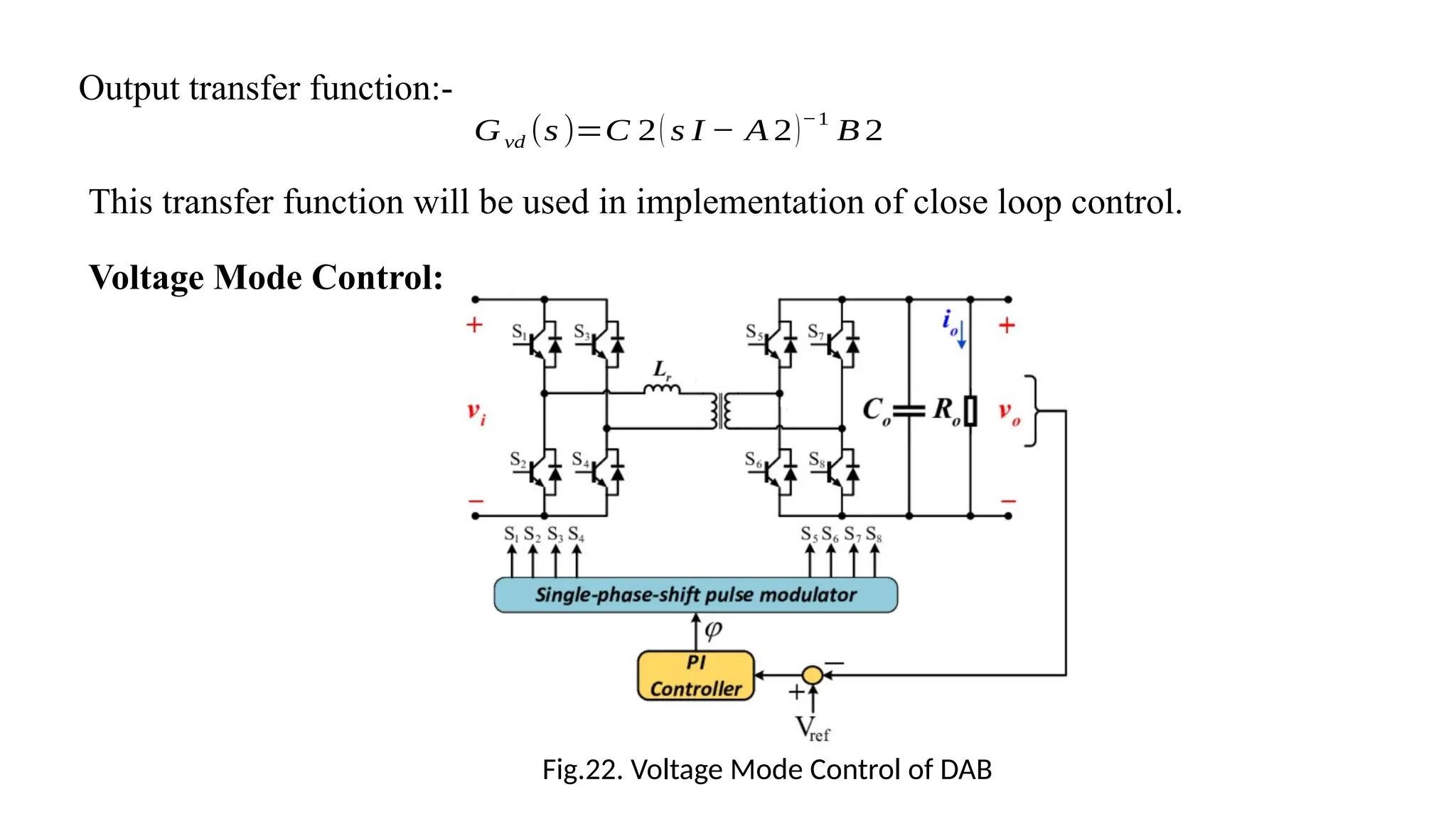 Output transfer function:-
Gvd (s)=C 2( s I − A 2)−1
B 2
This transfer function will be used in implementation of close loop control.
Voltage Mode Control:
Fig.22. Voltage Mode Control of DAB
 