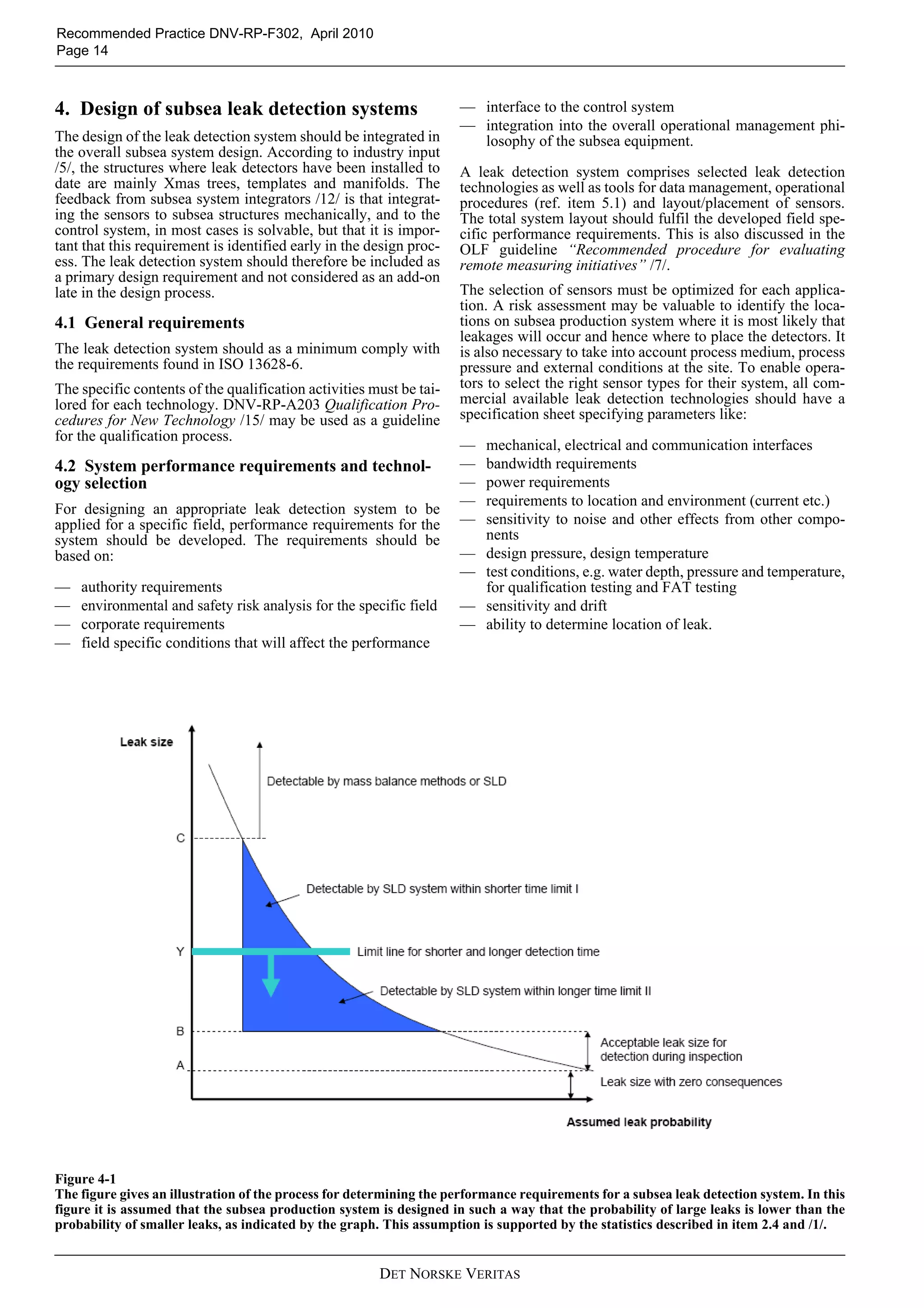 DET NORSKE VERITAS
Recommended Practice DNV-RP-F302, April 2010
Page 14
4. Design of subsea leak detection systems
The design of the leak detection system should be integrated in
the overall subsea system design. According to industry input
/5/, the structures where leak detectors have been installed to
date are mainly Xmas trees, templates and manifolds. The
feedback from subsea system integrators /12/ is that integrat-
ing the sensors to subsea structures mechanically, and to the
control system, in most cases is solvable, but that it is impor-
tant that this requirement is identified early in the design proc-
ess. The leak detection system should therefore be included as
a primary design requirement and not considered as an add-on
late in the design process.
4.1 General requirements
The leak detection system should as a minimum comply with
the requirements found in ISO 13628-6.
The specific contents of the qualification activities must be tai-
lored for each technology. DNV-RP-A203 Qualification Pro-
cedures for New Technology /15/ may be used as a guideline
for the qualification process.
4.2 System performance requirements and technol-
ogy selection
For designing an appropriate leak detection system to be
applied for a specific field, performance requirements for the
system should be developed. The requirements should be
based on:
— authority requirements
— environmental and safety risk analysis for the specific field
— corporate requirements
— field specific conditions that will affect the performance
— interface to the control system
— integration into the overall operational management phi-
losophy of the subsea equipment.
A leak detection system comprises selected leak detection
technologies as well as tools for data management, operational
procedures (ref. item 5.1) and layout/placement of sensors.
The total system layout should fulfil the developed field spe-
cific performance requirements. This is also discussed in the
OLF guideline “Recommended procedure for evaluating
remote measuring initiatives” /7/.
The selection of sensors must be optimized for each applica-
tion. A risk assessment may be valuable to identify the loca-
tions on subsea production system where it is most likely that
leakages will occur and hence where to place the detectors. It
is also necessary to take into account process medium, process
pressure and external conditions at the site. To enable opera-
tors to select the right sensor types for their system, all com-
mercial available leak detection technologies should have a
specification sheet specifying parameters like:
— mechanical, electrical and communication interfaces
— bandwidth requirements
— power requirements
— requirements to location and environment (current etc.)
— sensitivity to noise and other effects from other compo-
nents
— design pressure, design temperature
— test conditions, e.g. water depth, pressure and temperature,
for qualification testing and FAT testing
— sensitivity and drift
— ability to determine location of leak.
Figure 4-1
The figure gives an illustration of the process for determining the performance requirements for a subsea leak detection system. In this
figure it is assumed that the subsea production system is designed in such a way that the probability of large leaks is lower than the
probability of smaller leaks, as indicated by the graph. This assumption is supported by the statistics described in item 2.4 and /1/.
 