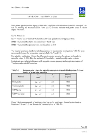 DET NORSKE VERITAS
DNV RP O501 – REVISION 4.2 - 2007
Page 11
Reference to part of this report which may lead to misinterpretation is not permissible.
Rp-O501.doc
Steel grades typically used in piping systems have largely the same resistance to erosion; see Figure 7-3 -
Ref. /8/, showing the Relative Erosion Factor (REF), for some standard steel grades tested at various
impact conditions.
REF is defined as:
REF = Volume loss of material / Volume loss of C-steel grade typical for piping systems
If REF < 1; material has better erosion resistance than C-steel
If REF > 1; material has poorer erosion resistance than C-steel
The material 'constants' K and n have to be determined by experimental investigations; Table 7-2 gives
recommended values for various pipe materials; Refs. /8/, /9/ and /10/.
For velocities smaller than 100m/s, the difference in erosion resistance for relevant steel grades is
generally within 10-20%. This also applies to Ni-based alloys typically used in piping systems.
Limited data are available in literature with respect to erosion resistance and velocity dependence of
Titanium grades and GRP materials.
Table 7-2: Recommended values for material constants to be applied in Equation (7.1) and
density of actual pipe materials.
Material
K
(m/s)
-n
n
(-)
Density
(kg/m3
)
Steel grades 2.0 . 10-9 2.6 7800
Titanium grades 2.0 . 10
-9
2.6 4500
GRP/Epoxy 0.3 . 10
-9
3.6 1800
GRP/Vinyl Ester 0.6 . 10
-9
3.6 1800
Figure 7-4 shows an example of resulting weight loss per kg sand impact for steel grades based on
Equations (7.1) and (7.2) and the material 'constants' given in Table 7-2.
 