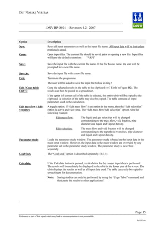 DET NORSKE VERITAS
DNV RP O501 – REVISION 4.2 - 2007
Page 35
Reference to part of this report which may lead to misinterpretation is not permissible.
Rp-O501.doc
Option Description
New: Reset all input parameters as well as the input file name. All input data will be lost unless
previously saved.
Open: Open input files. The current file should be saved prior to opening a new file. Input files
will have the default extension: "*.RPI"
Save: Save the input file with the current file name. If the file has no name, the user will be
prompted for a new file name.
Save As: Save the input file with a new file name.
Exit: Terminate the programme.
The user will be asked to save the input file before exiting !
Edit / Copy table
Ctrl+C
Copy the selected results in the table to the clipboard (ref. Table in Figure B2). The
results can then be pasted to a spreadsheet.
If the upper left corner cell of the table is selected, the entire table will be copied to the
clipboard. A selection of the table may also be copied. The table contains all input
parameters used in the calculation.
Edit massflow / Edit
velocities
A toggle option. If “Edit mass flow” is an option in the menu, then the “Edit velocities”
option is active and vice versa. The “Edit mass flow/Edit velocities” option rules the
following relation:
Edit mass flow: The liquid and gas velocities will be changed
corresponding to the mass flow, void fraction, pipe
diameter and liquid and vapour density.
Edit velocities: The mass flow and void fraction will be changed
corresponding to the superficial velocities, pipe diameter
and liquid and vapour density.
Parameter study Loads the parameter study window. The parameter study is based on the input data in the
main input window. However, the input data in the main window are overruled by any
parameter set in the parameter study window. The parameter study is described
separately
Goal Seek The “Goal seek” option is described separately. (B.3.4)
Calculate: If the Calculate button is pressed, a calculation for the current input data is performed.
The results will immediately be displayed in the table in the lower part of the screen. The
table displays the results as well as all input data used. The table can easily be copied to
spreadsheets for documentation.
Note: Saving studies can only be performed by using the “Copy Table” command and
then paste the results to other applications!
.
 