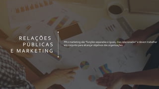 R E L A Ç Õ E S
P Ú B L I C A S
E M A R K E T I N G
PR e marketing são "funções separadas e iguais, mas relacionadas" e devem trabalhar
em conjunto para alcançar objetivos das organizações
 