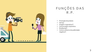 Transformamos pessoas 3
F U N Ç Õ E S D A S
R . P.
• Promoção de produto
• Serviço
• Imagem corporativa
• Comunicação corporativa
• Lobbying
• Contra-contorno de publicidade
negativa
 