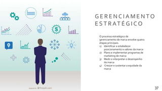Transformamos pessoas 37
G E R E N C I A M E N TO
E S T R AT É G I C O
O processo estratégico de
gerenciamento de marca envolve quatro
etapas principais:
1) Identificar e estabelecer
posicionamento e valores da marca
2) Plano e implementar programas de
marketing de marca
3) Medir e interpretar o desempenho
da marca
4) Crescer e sustentar a equidade da
marca
 
