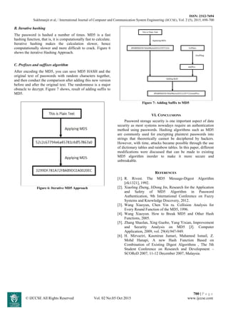 ISSN: 2312-7694
Sukhmanjit et al, / International Journal of Computer and Communication System Engineering (IJCCSE), Vol. 2 (5), 2015, 698-700
700 | P a g e
© IJCCSE All Rights Reserved Vol. 02 No.05 Oct 2015 www.ijccse.com
B. Iterative hashing
The password is hashed a number of times. MD5 is a fast
hashing function, that is, it is computationally fast to calculate.
Iterative hashing makes the calculation slower, hence
computationally slower and more difficult to crack. Figure 6
shows the iterative Hashing Approach.
C. Prefixes and suffixes algorithm
After encoding the MD5, you can save MD5 HASH and the
original text of passwords with random characters together,
and then conduct the comparison after adding this new version
before and after the original text. The randomness is a major
obstacle to decrypt. Figure 7 shows, result of adding suffix to
MD5.
Figure 6: Iterative MD5 Approach
Figure 7: Adding Suffix to MD5
VI. CONCLUSIONS
Password storage security is one important aspect of data
security as most systems nowadays require an authentication
method using passwords. Hashing algorithms such as MD5
are commonly used for encrypting plaintext passwords into
strings that theoretically cannot be deciphered by hackers.
However, with time, attacks became possible through the use
of dictionary tables and rainbow tables. In this paper, different
modifications were discussed that can be made to existing
MD5 algorithm inorder to make it more secure and
unbreakable.
REFERENCES
[1]. R. Rivest. The MD5 Message-Digest Algorithm
[rfc1321], 1992.
[2]. Xiaoling Zheng, JiDong Jin, Research for the Application
and Safety of MD5 Algorithm in Password
Authentication, 9th International Conference on Fuzzy
Systems and Knowledge Discovery, 2012.
[3]. Wang Xiaoyun, Chen Yin ru. Collision Analysis for
Every Round Function of the MD5, 1996.
[4]. Wang Xiaoyun. How to Break MD5 and Other Hash
Functions, 2005.
[5]. Zhang Shaolan, Xing Guobo, Yang Yixian, Improvement
and Security Analysis on MD5 [J]. Computer
Application, 2009, vol. 29(4):947-949.
[6]. H. Mirvaziri, Kasmiran Jumari, Mahamod Ismail, Z.
Mohd Hanapi, A new Hash Function Based on
Combination of Existing Digest Algorithms , The 5th
Student Conference on Research and Development –
SCOReD 2007, 11-12 December 2007, Malaysia.
 
