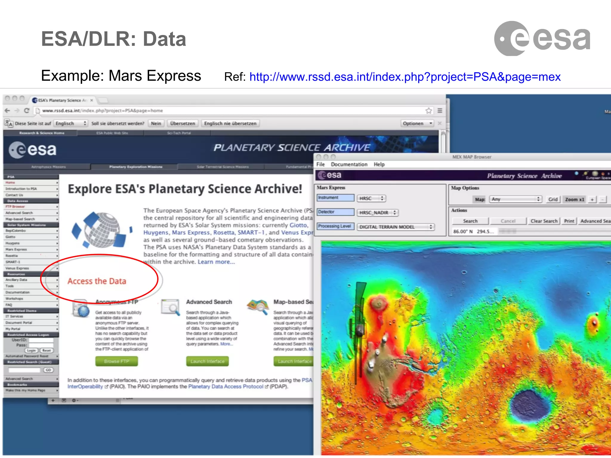 @DLR_de @DLR_en @marco_t
ESA/DLR: Data
Example: Mars Express Ref: http://www.rssd.esa.int/index.php?project=PSA&page=mex
 