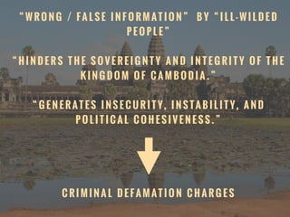 “ W R O N G / FA L S E I N F O R M AT I O N ” B Y “ I L L - W I L D E D
P E O P L E ”
“ H I N D E R S T H E S O V E R E I G N T Y A N D I N T E G R I T Y O F T H E
K I N G D O M O F C A M B O D I A . ”
“ G E N E R AT E S I N S E C U R I T Y, I N S TA B I L I T Y, A N D
P O L I T I C A L C O H E S I V E N E S S . ”
C R I M I N A L D E FA M AT I O N C H A R G E S
 