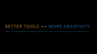 B E T T E R T O O L S = = M O R E C R E AT I V I T Y
M O B I L I T Y I O T P H Y S I C A L - C O M P U T I N G S E N S O R S B E A C O N S W E A R A B L E S V I R T U A L R E A L I T Y A R T I F I C I A L - I N T E L L I G E N C E B I G - D A TA C O N N E C T I V I T Y C L O U D
 