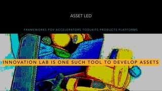 ASSET LED
F R A M E W O R K S P O V A C C E L E R AT O R S T O O L K I T S P R O D U C T S P L AT F O R M S
I N N O VAT I O N L A B I S O N E S U C H T O O L T O D E V E L O P A S S E T S
 