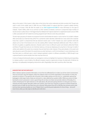 data on the system (13% of cases), it often does so from forms that cache credentials and other sensitive info. Though only
used in some of the smaller cases in 2009, the use of “RAM scrapers” to capture data from a system’s volatile memory,
continues to increase (13%). We refer the reader to our 2009 Supplemental DBIR for more information on this type of
malware. Packet sniffers, while not as common as other varieties of malware, continue to compromise large numbers of
records and are usually a factor in the bigger breaches. Malware that “Captures data from an application/system process” (9%)
is often associated with the “Coded into existing program/script” infection vector discussed above.

The last major grouping of malware encompasses functions that facilitate the attack in some manner. As is evident, malware
often sends data to an external entity (32%). This is sometimes stolen data (like credentials) but is also used to let an attacker
know that a system is compromised. We also observed several cases in which malware was used to perform client-side
attacks such as man-in-the-browser and cross-site scripting. When malware downloads additional code (15%), it is often in
the form of updates or capability extensions. Attackers seem to have an affinity for system and network utilities like PsTools
and Netcat. Though these tools are not inherently malicious, criminals are deploying and using them in that way. To clarify, if
utilities were added to the system by an attacker, they are listed here under malware. If they were already on the system and
were abused as a part of the attack, this would show up under Hacking (i.e., via OS Commanding). It is very interesting to note
that there were no confirmed cases in which malware exploited a system or software vulnerability in 2009 (though it was
suspected based on partial samples that three may have done so).

In terms of malware furthering the attack, our investigations continue to highlight the importance of detecting and responding
to malware quickly. In some incidents, the affected company missed an opportunity to lessen the aftermath of infection by
ignoring or not adequately investigating initial antivirus alerts. Regrettably, those alerts sound less often these days.




HOW DO THEY GET MY DATA OUT?
When malware captures sensitive information, it must then be exfiltrated from (or taken out of) the victim’s environment .
There are two basic ways this happens: either the malware sends it out of the organization or the attacker re-enters the
network to retrieve it . The general rule of thumb is that smaller packets are sent out (i .e ., credentials captured by
keyloggers) while larger hauls of data are retrieved (i .e ., data collected by a packet sniffer) . While any amount of data
leaving the owner’s possession is never a good thing, the act does (or at least can) provide evidence of foul play . It’s a
matter of looking for the right indicators in the right places . We advocate paying attention to what goes out of your
network and what changes take place within your systems . Don’t have any customers or partners in Eastern Europe yet
periodic bursts of traffic are sent there from your networks? What about those ZIP or RAR files that showed up last week
and have been growing steadily ever since? Maybe there’s a perfectly good explanation for these things…but you’ll
never know unless you take steps to identify and verify them .




                                                                 25
 