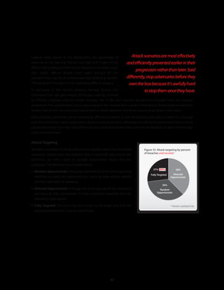 Looking more closely at the distributions, the percentage of                 Attack scenarios are most effectively
breaches on the low end (“None”) and high end (“High”) of the             and efficiently prevented earlier in their
difficult rating remains similar to that reported in last year’s study.
                                                                                progression rather than later. Said
Also, highly difficult attacks once again account for the
overwhelming majority of compromised data (87% of all records).           differently, stop adversaries before they
The real growth this year is in the moderately difficult category.         own the box because it’s awfully hard
As discussed in the section detailing hacking activity, and                          to stop them once they have.
continuing from last year’s report, techniques used by criminals
to infiltrate corporate systems remain relatively low in skill and resource requirements (though there are certainly
exceptions). The sophistication is once again found in the malware that is used in these attacks. These programs are often
written from scratch or customized substantially to evade detection and serve a particular purpose in the attack.

Difficult attacks, therefore, are not necessarily difficult to prevent. At the risk of stating the obvious, there is a message
here that should be clearly understood: attack scenarios are most effectively and efficiently prevented earlier in their
progression rather than later. Said differently, stop adversaries before they own the box because it’s awful hard to stop
them once they have.


Attack Targeting
Standard convention in the security industry classifies attacks into two broad          Figure 33 . Attack targeting by percent
                                                                                        of breaches and records*
categories: opportunistic and targeted. Due to significant grey area in this
distinction, we find it useful to separate opportunistic attacks into two
subgroups. The definitions are provided below:
                                                                                               27% (89%)          38%
y Random Opportunistic: Attacker(s) identified the victim while searching
                                                                                             Fully Targeted     Directed
  randomly or widely for weaknesses (i.e., scanning large address spaces)                                     Opportunistic
  and then exploited the weakness.
                                                                                                       36%
y Directed Opportunistic: Although the victim was specifically selected, it                         Random
  was because they were known to have a particular weakness that the                              Opportunistic

  attacker(s) could exploit.

y Fully Targeted: The victim was first chosen as the target and then the                                      * Verizon caseload only
  attacker(s) determined a way to exploit them.




                                                                43
 
