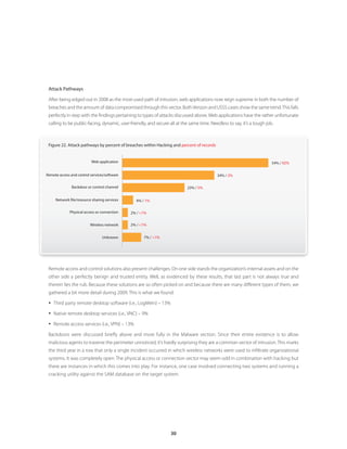 30
Attack Pathways
After being edged out in 2008 as the most-used path of intrusion, web applications now reign supreme in both the number of
breaches and the amount of data compromised through this vector. BothVerizon and USSS cases show the same trend.This falls
perfectly in step with the findings pertaining to types of attacks discussed above.Web applications have the rather unfortunate
calling to be public-facing, dynamic, user-friendly, and secure all at the same time. Needless to say, it’s a tough job.
Remote access and control solutions also present challenges. On one side stands the organization’s internal assets and on the
other side a perfectly benign and trusted entity. Well, as evidenced by these results, that last part is not always true and
therein lies the rub. Because these solutions are so often picked on and because there are many different types of them, we
gathered a bit more detail during 2009. This is what we found:
yy Third party remote desktop software (i.e., LogMeIn) – 13%
yy Native remote desktop services (i.e., VNC) – 9%
yy Remote access services (i.e., VPN) – 13%
Backdoors were discussed briefly above and more fully in the Malware section. Since their entire existence is to allow
malicious agents to traverse the perimeter unnoticed, it’s hardly surprising they are a common vector of intrusion. This marks
the third year in a row that only a single incident occurred in which wireless networks were used to infiltrate organizational
systems. It was completely open. The physical access or connection vector may seem odd in combination with hacking but
there are instances in which this comes into play. For instance, one case involved connecting two systems and running a
cracking utility against the SAM database on the target system.
Figure 22. Attack pathways by percent of breaches within Hacking and percent of records
Backdoor or control channel
Network file/resource sharing services
Remote access and control services/software
Physical access or connection
Wireless network
Web application 54% / 92%
Unknown
34% / 2%
23% / 5%
4% / 1%
2% / 1%
2% / 1%
7% / 1%
 