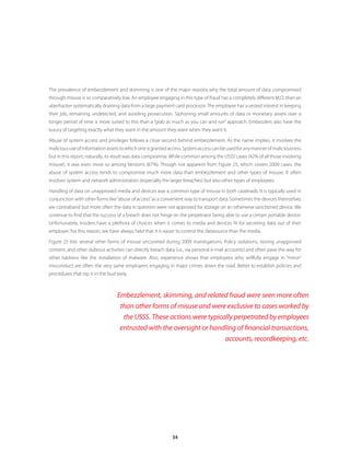 34
The prevalence of embezzlement and skimming is one of the major reasons why the total amount of data compromised
through misuse is so comparatively low. An employee engaging in this type of fraud has a completely different M.O. than an
uberhacker systematically draining data from a large payment card processor. The employee has a vested interest in keeping
their job, remaining undetected, and avoiding prosecution. Siphoning small amounts of data or monetary assets over a
longer period of time is more suited to this than a “grab as much as you can and run” approach. Embezzlers also have the
luxury of targeting exactly what they want in the amount they want when they want it.
Abuse of system access and privileges follows a close second behind embezzlement. As the name implies, it involves the
malicioususeofinformationassetstowhichoneisgrantedaccess.Systemaccesscanbeusedforanymannerofmaliciousness
but in this report, naturally, its result was data compromise.While common among the USSS’cases (42% of all those involving
misuse), it was even more so among Verizon’s (67%). Though not apparent from Figure 25, which covers 2009 cases, the
abuse of system access tends to compromise much more data than embezzlement and other types of misuse. It often
involves system and network administrators (especially the larger breaches) but also other types of employees.
Handling of data on unapproved media and devices was a common type of misuse in both caseloads. It is typically used in
conjunction with other forms like“abuse of access”as a convenient way to transport data. Sometimes the devices themselves
are contraband but more often the data in question were not approved for storage on an otherwise sanctioned device. We
continue to find that the success of a breach does not hinge on the perpetrator being able to use a certain portable device.
Unfortunately, insiders have a plethora of choices when it comes to media and devices fit for secreting data out of their
employer. For this reason, we have always held that it is easier to control the datasource than the media.
Figure 25 lists several other forms of misuse uncovered during 2009 investigations. Policy violations, storing unapproved
content, and other dubious activities can directly breach data (i.e., via personal e-mail accounts) and often pave the way for
other badness like the installation of malware. Also, experience shows that employees who willfully engage in “minor”
misconduct are often the very same employees engaging in major crimes down the road. Better to establish policies and
procedures that nip it in the bud early.
Embezzlement, skimming, and related fraud were seen more often
than other forms of misuse and were exclusive to cases worked by
the USSS. These actions were typically perpetrated by employees
entrusted with the oversight or handling of financial transactions,
accounts, recordkeeping, etc.
 