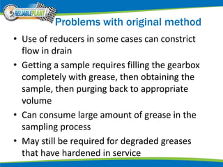 Problems with original method
• Use of reducers in some cases can constrict
flow in drain
• Getting a sample requires filling the gearbox
completely with grease, then obtaining the
sample, then purging back to appropriate
volume
• Can consume large amount of grease in the
sampling process
• May still be required for degraded greases
that have hardened in service
 