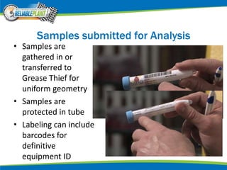 Samples submitted for Analysis
• Samples are
gathered in or
transferred to
Grease Thief for
uniform geometry
• Samples are
protected in tube
• Labeling can include
barcodes for
definitive
equipment ID
 