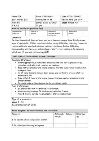 Name: EA Form: Y8 Benedict Date of IPP: 01.09.13
SEN status: SA+ Curriculum yr: Y8 Review date: Jan 2014
ART: 86
R.A. 9.3
D.O.B. & age: 11/04/01
12 yrs
Staff initials: P.H
Area of Need (See provision list):
Communication &
Interaction
 Cognition &
Learning
Behavioural,
Emotional & Social
Development
 Sensory &/or
Physical
Comments:
EA has a diagnosis of Asperger’s and also has a 5 second memory delay. EA also shows
signs of dyscalculia. EA has been identified as having difficulties tolerating changes in
routine and is also slow to develop and maintain friendships. EA has difficulties
communicating with her peers and members of staff, often resulting in EA becoming
withdrawn. EA also wears an hearing aid (R).
Curriculum Differentiation – access strategies:
Teaching strategies:
• Where appropriate, EA should be encouraged to take part in group work by
giving her a role which will raise her self-esteem
• Keep instructions clear and simple, checking that she understands by asking him
to repeat them
• As EA has a 5 second memory delay please give her time to process what you
have said to her.
• Ensure that if there are to be any changes that you give her enough notice to
prepare herself
• EA needs tasks written down as she forgets things easily
Pupil preferences:
• EA prefers to sit at the front of the classroom
• When working in groups EA needs to work with her friends
• Allow 5 minutes outside the classroom if she becomes anxious
Type of intervention:
Wave 2 – P.H
Social Intervention Skills
Micro targets – to be used across the curriculum:
Targets: Achieved:
Y/N/P
Subjects Recorded
By
1 To become a more independent learner
2 To follow ‘good listening’ with peers
 
