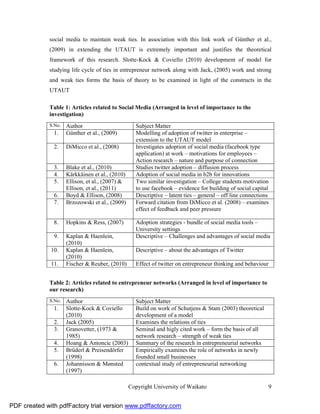 social media to maintain weak ties. In association with this link work of Günther et al.,
              (2009) in extending the UTAUT is extremely important and justifies the theoretical
              framework of this research. Slotte-Kock & Coviello (2010) development of model for
              studying life cycle of ties in entrepreneur network along with Jack, (2005) work and strong
              and weak ties forms the basis of theory to be examined in light of the constructs in the
              UTAUT

              Table 1: Articles related to Social Media (Arranged in level of importance to the
              investigation)
              S.No.   Author                        Subject Matter
                1.    Günther et al., (2009)        Modelling of adoption of twitter in enterprise –
                                                    extension to the UTAUT model
                2.    DiMicco et al., (2008)        Investigates adoption of social media (facebook type
                                                    application) at work – motivations for employees –
                                                    Action research – nature and purpose of connection
                3.    Blake et al., (2010)          Studies twitter adoption – diffusion process
                4.    Kärkkäinen et al., (2010)     Adoption of social media in b2b for innovations
                5.    Ellison, et al., (2007) &     Two similar investigation – College students motivation
                      Ellison, et al., (2011)       to use facebook – evidence for building of social capital
                6.    Boyd & Ellison, (2008)        Descriptive – latent ties – general – off line connections
                7.    Brzozowski et al., (2009)     Forward citation from DiMicco et al. (2008) – examines
                                                    effect of feedback and peer pressure

                8.    Hopkins & Ress, (2007)        Adoption strategies - bundle of social media tools –
                                                    University settings
                9.    Kaplan & Haenlein,            Descriptive – Challenges and advantages of social media
                      (2010)
              10.     Kaplan & Haenlein,            Descriptive – about the advantages of Twitter
                      (2010)
              11.     Fischer & Reuber, (2010)      Effect of twitter on entrepreneur thinking and behaviour


              Table 2: Articles related to entrepreneur networks (Arranged in level of importance to
              our research)
              S.No.   Author                        Subject Matter
                1.    Slotte-Kock & Coviello        Build on work of Schutjens & Stam (2003) theoretical
                      (2010)                        development of a model
                2.    Jack (2005)                   Examines the relations of ties
                3.    Granovetter, (1973 &          Seminal and higly cited work – form the basis of all
                      1985)                         network research – strength of weak ties
                4.    Hoang & Antoncic (2003)       Summary of the research in entrepreneurial networks
                5.    Brüderl & Preisendörfer       Empirically examines the role of networks in newly
                      (1998)                        founded small businesses
                6.    Johannisson & Mønsted         contextual study of entrepreneurial networking
                      (1997)

                                                  Copyright University of Waikato                              9


PDF created with pdfFactory trial version www.pdffactory.com
 