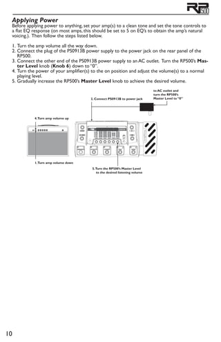 10
Applying Power
Before applying power to anything, set your amp(s) to a clean tone and set the tone controls to
a flat EQ response (on most amps, this should be set to 5 on EQ’s to obtain the amp’s natural
voicing.). Then follow the steps listed below.
1. 	Turn the amp volume all the way down.
2. 	Connect the plug of the PS0913B power supply to the power jack on the rear panel of the
RP500.
3. 	Connect the other end of the PS0913B power supply to an AC outlet. Turn the RP500’s Mas-
ter Level knob (Knob 6) down to “0”.
4. 	Turn the power of your amplifier(s) to the on position and adjust the volume(s) to a normal
playing level.
5. 	Gradually increase the RP500’s Master Level knob to achieve the desired volume.
4.Turn amp volume up
1.Turn amp volume down
2. Connect PS0913B to power jack
3. Connect PS0913B
to AC outlet and
turn the RP500’s
Master Level to “0”
5.Turn the RP500’s Master Level
to the desired listening volume
 