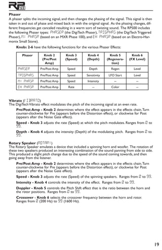 19
Phaser
A phaser splits the incoming signal, and then changes the phasing of the signal. This signal is then
taken in and out of phase and mixed back in with the original signal. As the phasing changes, dif-
ferent frequencies get canceled resulting in a warm sort of twisting sound. The RP500 includes
the following Phaser types: phaser (the DigiTech Phaser), trigphas (the DigiTech Triggered
Phaser), mx phasr (based on an MXR Phase 100), and eh phasr (based on an Electro-Har-
monix Small Stone).
Knobs 2-6 have the following functions for the various Phaser Effects:
Phaser Knob 2
(Pre/Post
Amp)
Knob 3
(Speed)
Knob 4
(Depth)
Knob 5
(Regenera-
tion)
Knob 6
(FX Level)
Phaser Pre/Post Amp Speed Depth Regen Level
trigphas Pre/Post Amp Speed Sensitivity LFO Start Level
mx phasr Pre/Post Amp Speed Intensity -- --
eh phasr Pre/Post Amp Rate -- Color --
Vibrato (viBRaTo)
The DigiTechVibrato effect modulates the pitch of the incoming signal at an even rate.
Pre/Post Amp - Knob 2 determines where the effect appears in the effects chain.Turn
counter-clockwise for Pre (appears before the Distortion effect), or clockwise for Post
(appears after the Noise Gate effect).
Speed - Knob 3 adjusts the rate (Speed) at which the pitch modulates. Ranges from 0 to
99.
Depth - Knob 4 adjusts the intensity (Depth) of the modulating pitch. Ranges from 0 to
99.
Rotary Speaker (ROTARY)
The Rotary Speaker emulates a device that included a spinning horn and woofer. The rotation of
these two speakers produced an interesting combination of the sound panning from side to side.
This produced a slight pitch change due to the speed of the sound coming towards, and then
going away from the listener.
Pre/Post Amp - Knob 2 determines where the effect appears in the effects chain.Turn
counter-clockwise for Pre (appears before the Distortion effect), or clockwise for Post
(appears after the Noise Gate effect).
Speed - Knob 3 adjusts the rate (Speed) of the spinning speakers. Ranges from 0 to 99.
Intensity - Knob 4 controls the intensity of the effect. Ranges from 0 to 99.
Doppler - Knob 5 controls the Pitch Shift effect that is the ratio between the horn and
the rotor positions. Ranges from 0 to 99.
Crossover - Knob 6 selects the crossover frequency between the horn and rotor.
Ranges from 0 (200 Hz) to 99 (1600 Hz).
 