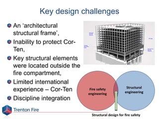 Key design challenges
An ‘architectural
structural frame’,
Inability to protect Cor-
Ten,
Key structural elements
were located outside the
fire compartment,
Limited international
experience – Cor-Ten
Discipline integration
 