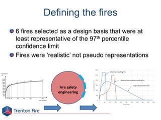 Defining the fires
6 fires selected as a design basis that were at
least representative of the 97th percentile
confidence limit
Fires were ‘realistic’ not pseudo representations
Fire safety
engineering
 