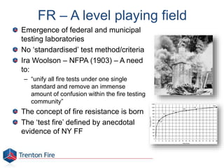 FR – A level playing field
Emergence of federal and municipal
testing laboratories
No ‘standardised’ test method/criteria
Ira Woolson – NFPA (1903) – A need
to:
– “unify all fire tests under one single
standard and remove an immense
amount of confusion within the fire testing
community”
The concept of fire resistance is born
The ‘test fire’ defined by anecdotal
evidence of NY FF
 