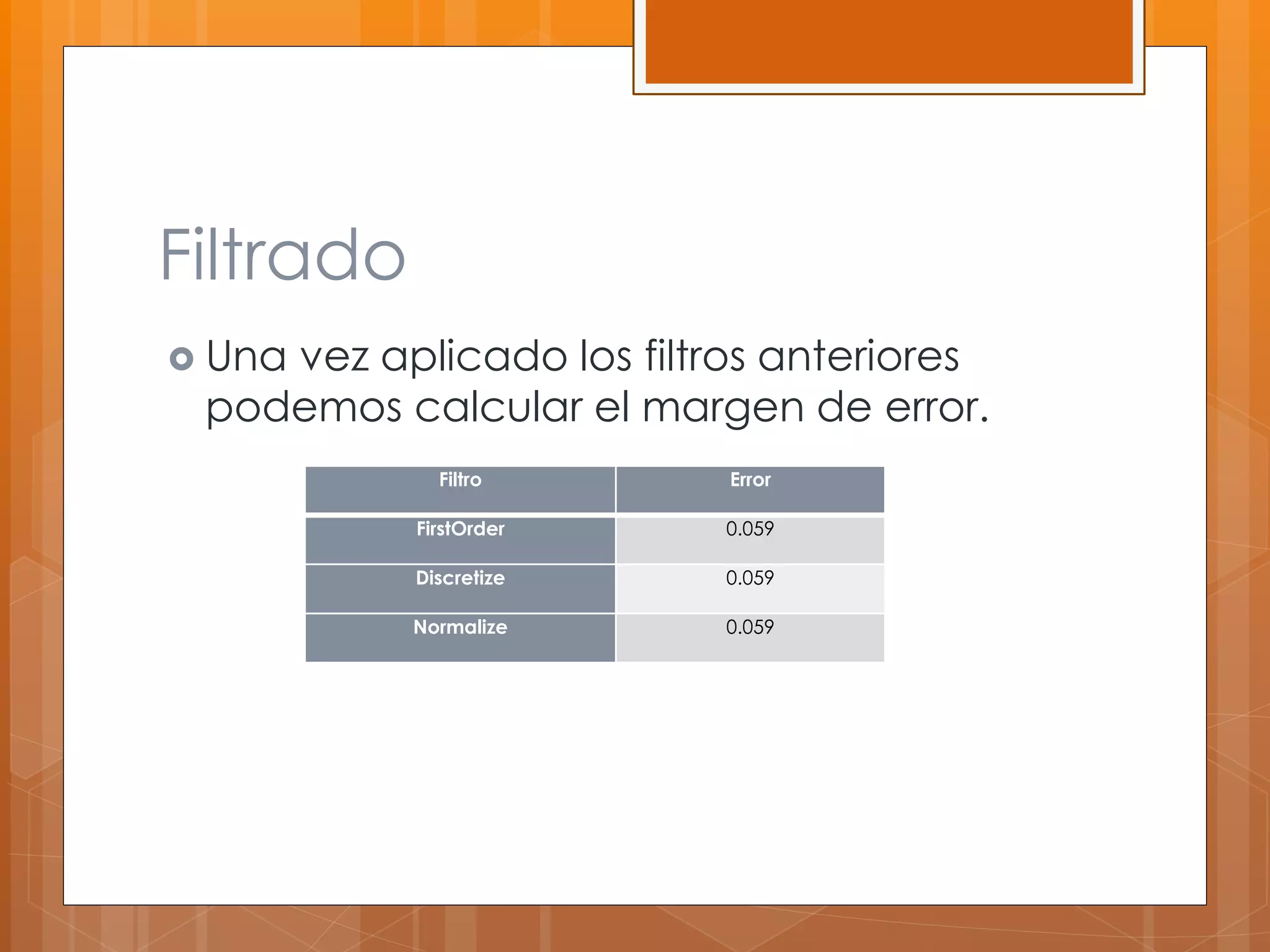 Filtrado 
 Una vez aplicado los filtros anteriores 
podemos calcular el margen de error. 
Filtro Error 
FirstOrder 0.059 
Discretize 0.059 
Normalize 0.059 
 
