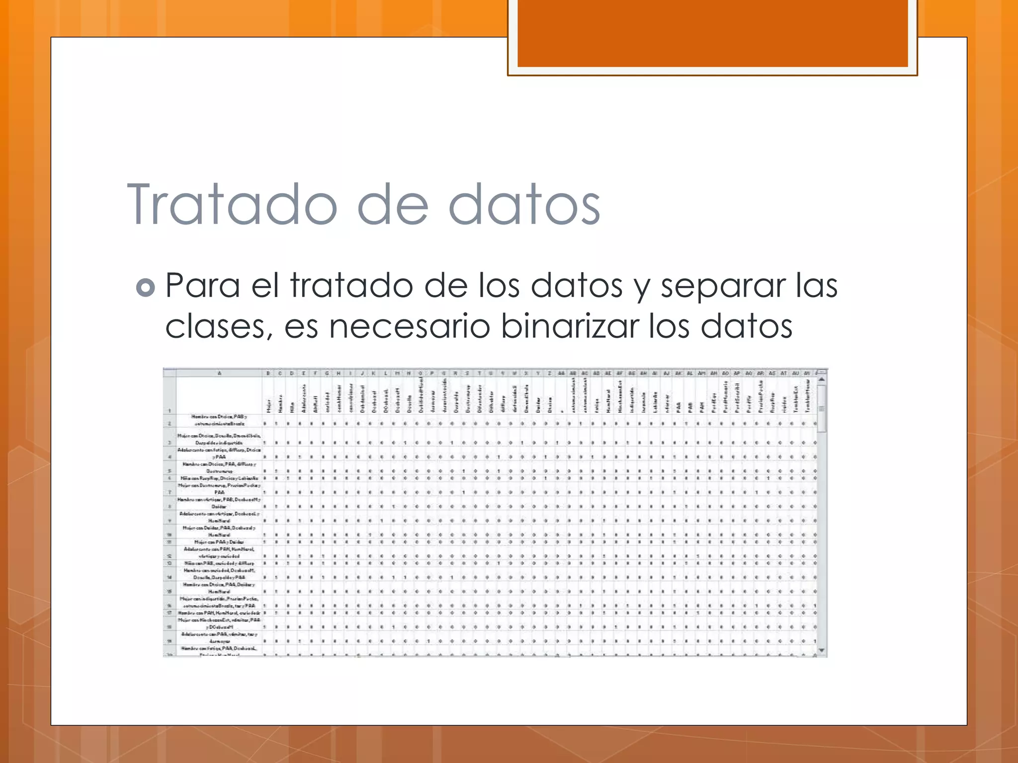 Tratado de datos 
 Para el tratado de los datos y separar las 
clases, es necesario binarizar los datos 
 