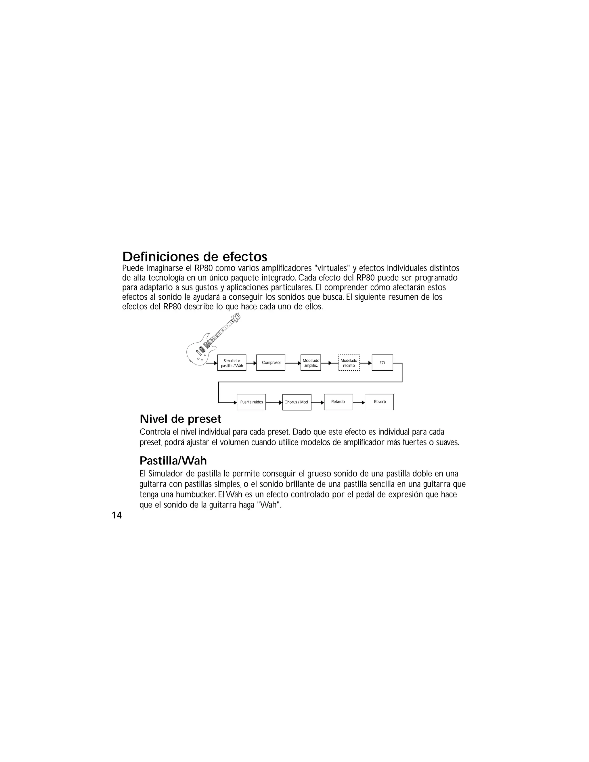 Definiciones de efectos
Puede imaginarse el RP80 como varios amplificadores "virtuales" y efectos individuales distintos
de alta tecnología en un único paquete integrado. Cada efecto del RP80 puede ser programado
para adaptarlo a sus gustos y aplicaciones particulares. El comprender cómo afectarán estos
efectos al sonido le ayudará a conseguir los sonidos que busca. El siguiente resumen de los
efectos del RP80 describe lo que hace cada uno de ellos.
Nivel de preset
Controla el nivel individual para cada preset. Dado que este efecto es individual para cada
preset, podrá ajustar el volumen cuando utilice modelos de amplificador más fuertes o suaves.
Pastilla/Wah
El Simulador de pastilla le permite conseguir el grueso sonido de una pastilla doble en una
guitarra con pastillas simples, o el sonido brillante de una pastilla sencilla en una guitarra que
tenga una humbucker. El Wah es un efecto controlado por el pedal de expresión que hace
que el sonido de la guitarra haga "Wah".
Simulador
pastilla / Wah
Compresor
Modelado
amplific.
Modelado
recinto
EQ
Chorus / ModPuerta ruidos Retardo Reverb
14
 
