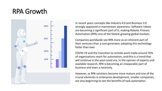 RPA Growth
In recent years concepts like Industry 4.0 and Business 3.0
strongly appeared in mainstream awareness. Software robots
are becoming a significant part of it, making Robotic Process
Automation (RPA) one of the fastest-growing global markets.
COVID-19 and the transition to remote work made around 76%
of organizations reach for automation, and this is a trend that
will continue in the post-covid era. In the opinion of experts and
available research, RPA is becoming an inseparable part of
business and even a necessity.
Companies worldwide see RPA more as an inherent part of
their ventures than a cost generator, adopting this technology
faster than ever.
However, as RPA solutions become more mature and one of the
crucial elements in enterprise development, smaller companies,
are also beginning to see the benefits of task automation.
 