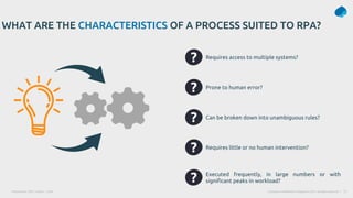Presentation Title | Author | Date 12
Company Confidential © Capgemini 2021. All rights reserved |
Requires access to multiple systems?
Prone to human error?
Can be broken down into unambiguous rules?
WHAT ARE THE CHARACTERISTICS OF A PROCESS SUITED TO RPA?
Requires little or no human intervention?
Executed frequently, in large numbers or with
significant peaks in workload?
 