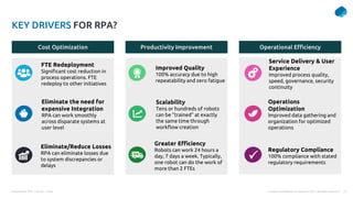 Presentation Title | Author | Date 13
Company Confidential © Capgemini 2021. All rights reserved |
KEY DRIVERS FOR RPA?
Cost Optimization Productivity Improvement Operational Efficiency
FTE Redeployment
Significant cost reduction in
process operations. FTE
redeploy to other initiatives
Eliminate the need for
expensive Integration
RPA can work smoothly
across disparate systems at
user level
Eliminate/Reduce Losses
RPA can eliminate losses due
to system discrepancies or
delays
Greater Efficiency
Robots can work 24 hours a
day, 7 days a week. Typically,
one robot can do the work of
more than 2 FTEs
Regulatory Compliance
100% compliance with stated
regulatory requirements
Improved Quality
100% accuracy due to high
repeatability and zero fatigue
Service Delivery & User
Experience
Improved process quality,
speed, governance, security
continuity
Operations
Optimization
Improved data gathering and
organization for optimized
operations
Scalability
Tens or hundreds of robots
can be “trained” at exactly
the same time through
workflow creation
 