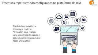 O robô desenvolvido na
tecnologia pode ser
“treinado” para realizar
uma sequência de passos e
ações nos sistemas como se
fosse um usuário.
Processos repetitivos são configurados na plataforma de RPA
 