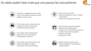  Acessar sites na internet
 Acessar aplicações na nuvem e realizar
autenticação
 Preencher e submeter formulários
 Monitorar a chegada de novos e-mails
 Extrair informações e anexos de e-mails
 Redigir e enviar e-mails
 Criar, alterar, excluir pastas e arquivos
 Navegar em estruturas de pastas
 Compactar arquivos e pastas
 Realizar cliques e duplo-cliques
 Realizar digitação e combinação de
teclas de atalho
 Criar, editar, salvar planilhas excel
 Aplicar fórmulas e formatações
 Gerar gráficos e relatórios
 Criar, editar, salvar documentos word
 Aplicar formatações e objetos
 Transformar para outros formatos
 Abrir janelas e executar aplicações
 Realizar autenticação segura
 Acionar menus, preencher formulários e
realizar consultas em aplicações
 Executar comandos
 Acionar DLL e APIs
Os robôs podem fazer tudo que uma pessoa faz manualmente
 