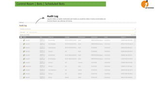Control Room | Bots | Scheduled Bots
Audit Log
Log de todas as ações realizadas por todos os usuários (devs e bots) conectados ao
Control Room nas últimas 24 horas.
 