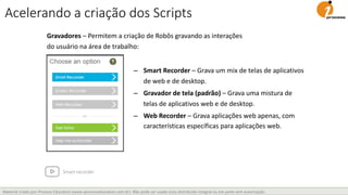 Material criado por iProcess Education (www.iprocesseducation.com.br). Não pode ser usado e/ou distribuído integral ou em parte sem autorização.
Gravadores – Permitem a criação de Robôs gravando as interações
do usuário na área de trabalho:
– Smart Recorder – Grava um mix de telas de aplicativos
de web e de desktop.
– Gravador de tela (padrão) – Grava uma mistura de
telas de aplicativos web e de desktop.
– Web Recorder – Grava aplicações web apenas, com
características específicas para aplicações web.
Acelerando a criação dos Scripts
Smart recorder
 