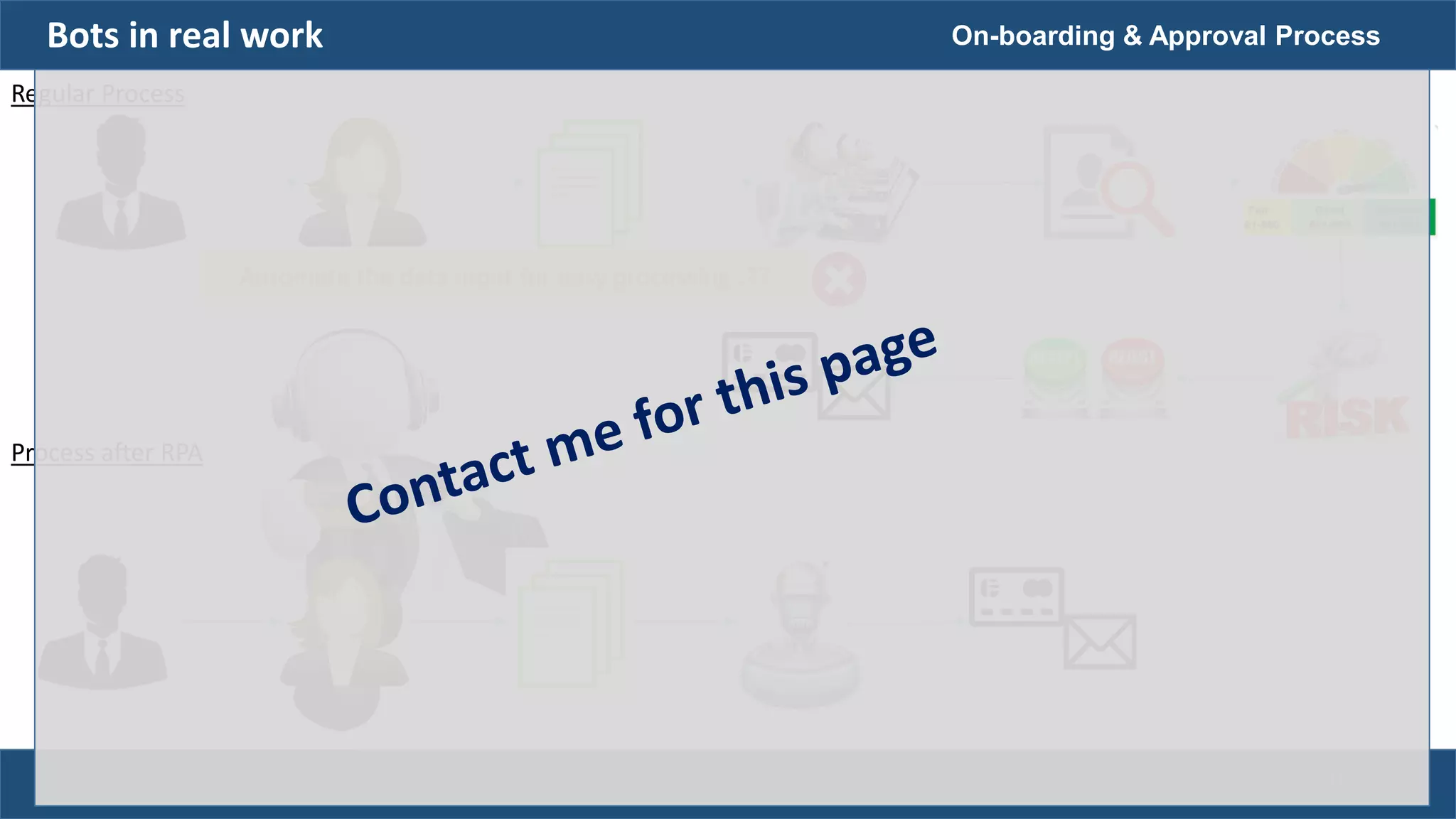 On-boarding & Approval Process
Automate the data input for easy processing..??
Regular Process
Process after RPA
Bots in real work
21
 
