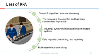 Uses of RPA
Robotic Process Automation – A.R.M. Asiqun Noman 11
Rule based decision making
Frequent, repetitive, structure...