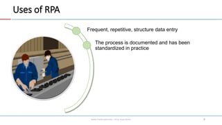 Uses of RPA
Robotic Process Automation – A.R.M. Asiqun Noman 8
Frequent, repetitive, structure data entry
The process is d...