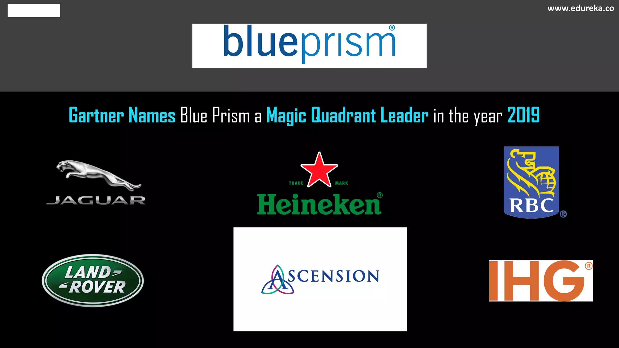 Gartner Names Blue Prism a Magic Quadrant Leader in the year 2019
www.edureka.co
 