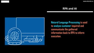 RPA and AI
Natural Language Processing is used
to analyse customer inquired and
communicate the gathered
information back to RPA to inform
execution.
www.edureka.co
 