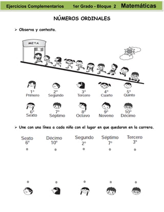 NÚMEROS ORDINALES
 Observa y contesta.
 Une con una línea a cada niño con el lugar en que quedaron en la carrera.
Ejercicios Complementarios 1er Grado - Bloque 2 Matemáticas
 