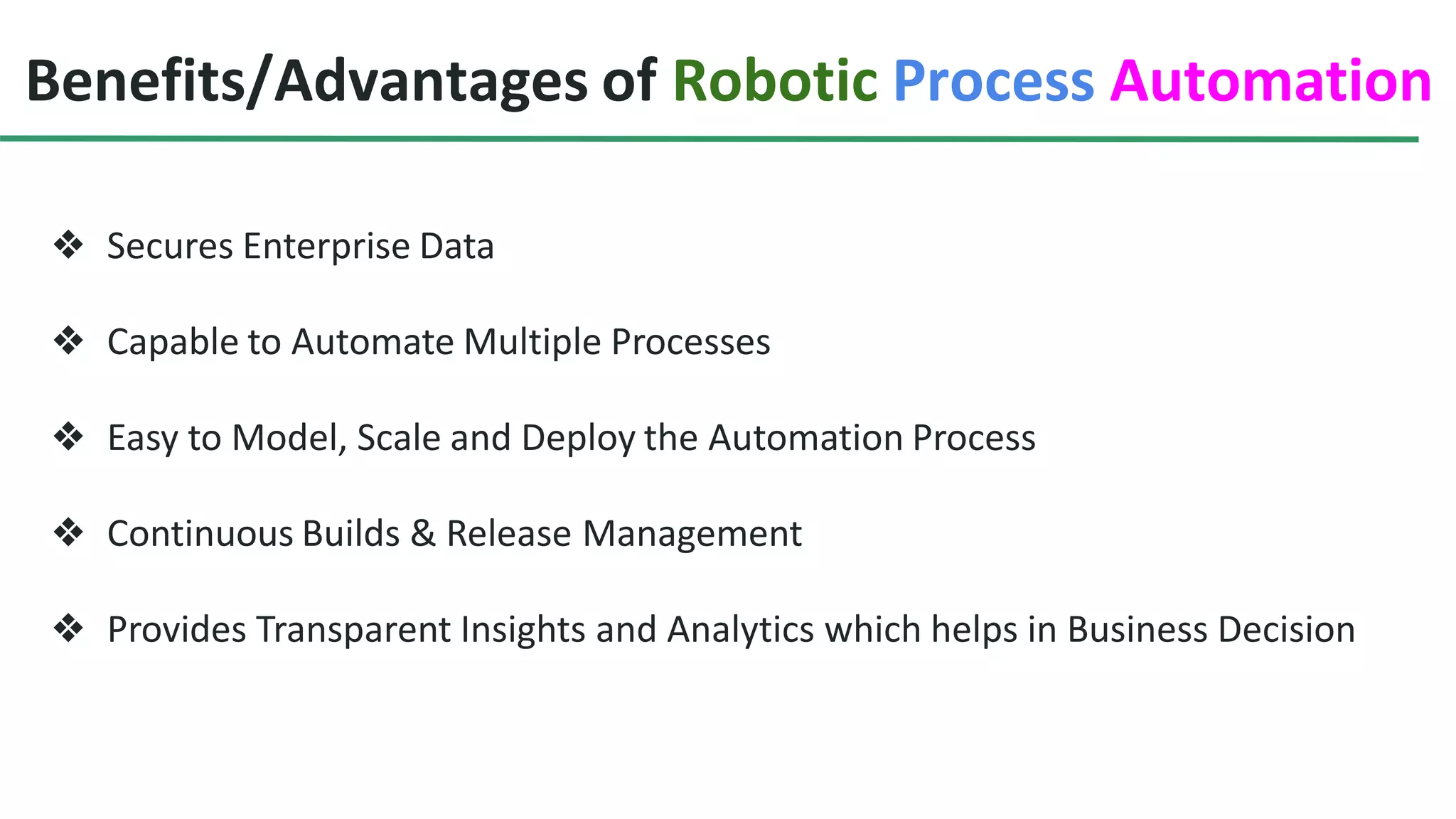 Benefits/Advantages of Robotic Process Automation
❖ Secures Enterprise Data
❖ Capable to Automate Multiple Processes
❖ Easy to Model, Scale and Deploy the Automation Process
❖ Continuous Builds & Release Management
❖ Provides Transparent Insights and Analytics which helps in Business Decision
 