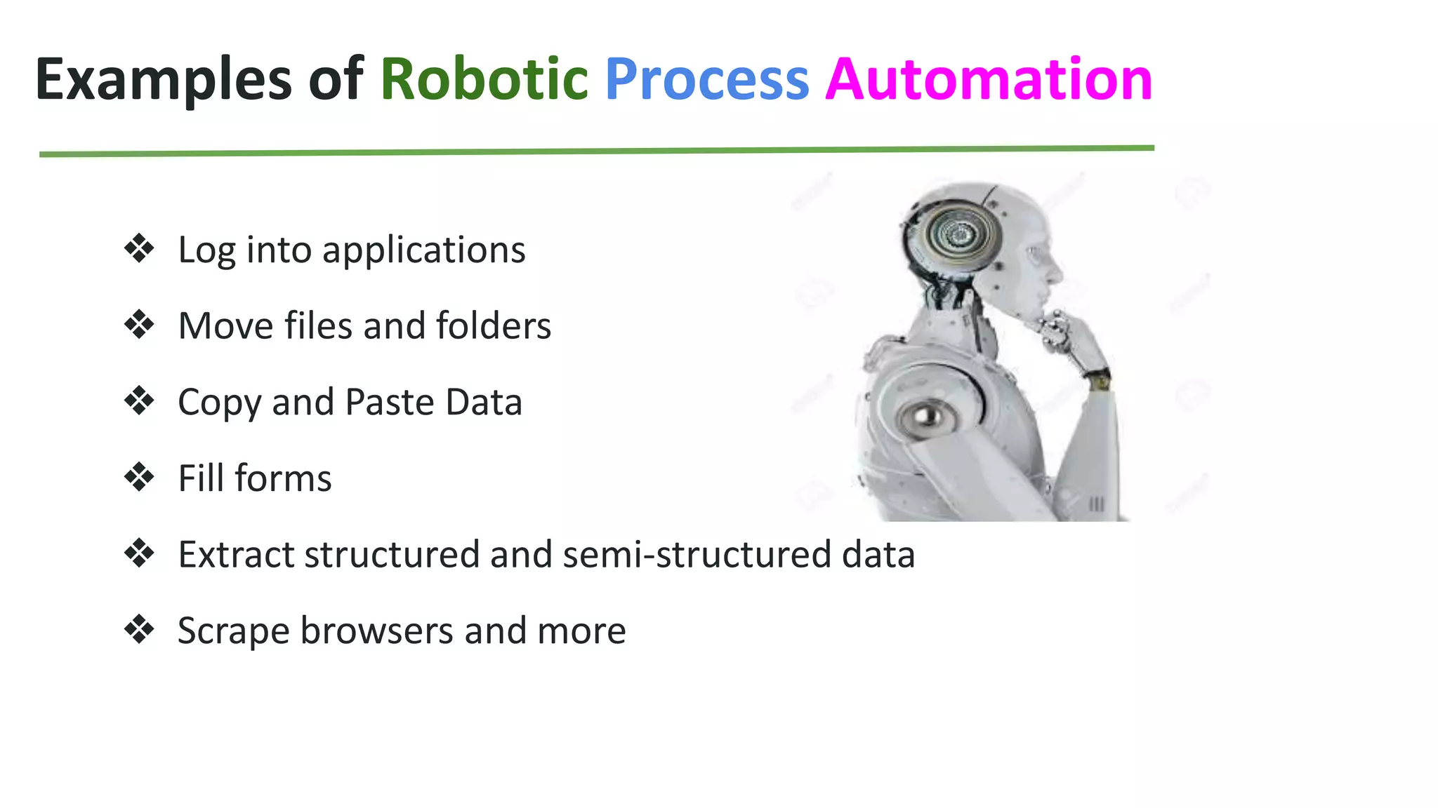 Examples of Robotic Process Automation
❖ Log into applications
❖ Move files and folders
❖ Copy and Paste Data
❖ Fill forms
❖ Extract structured and semi-structured data
❖ Scrape browsers and more
 